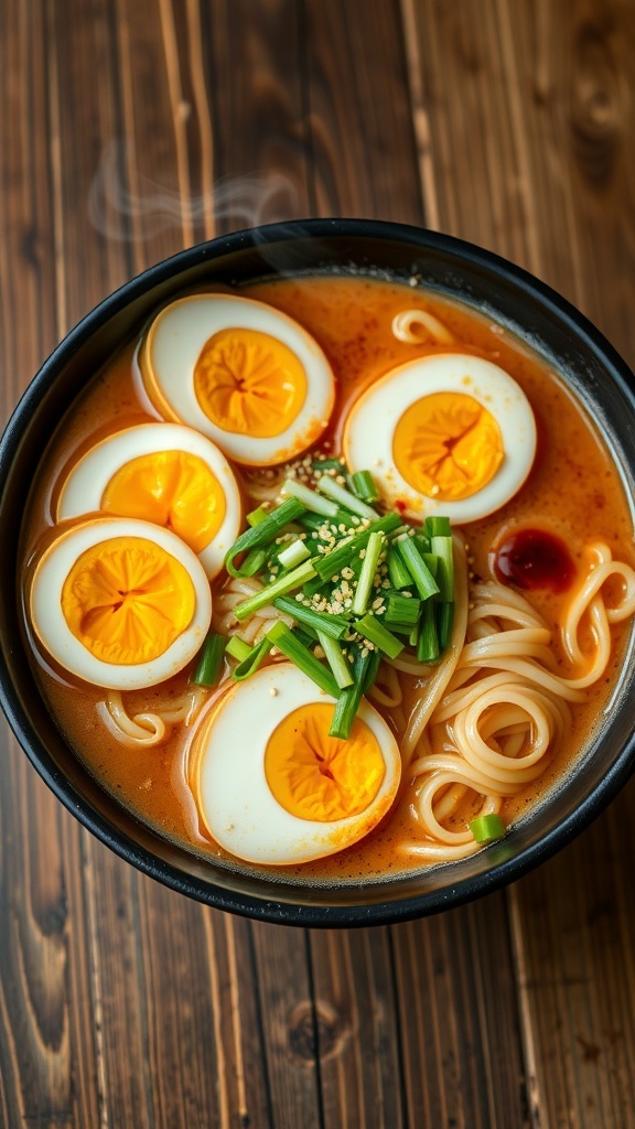 A bowl of Naruto ramen noodles with broth, narutomaki, green onions, and soft-boiled eggs on a wooden table.